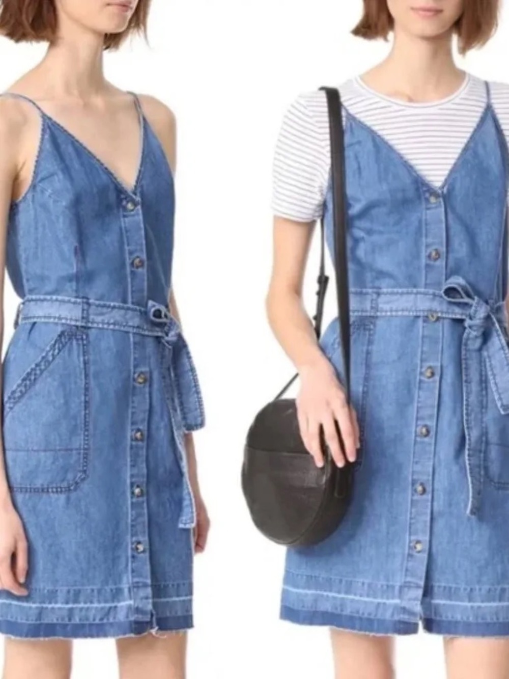 J Brand Carmela chambray pockets belted Denim Button-Front Mini Overalls Dress